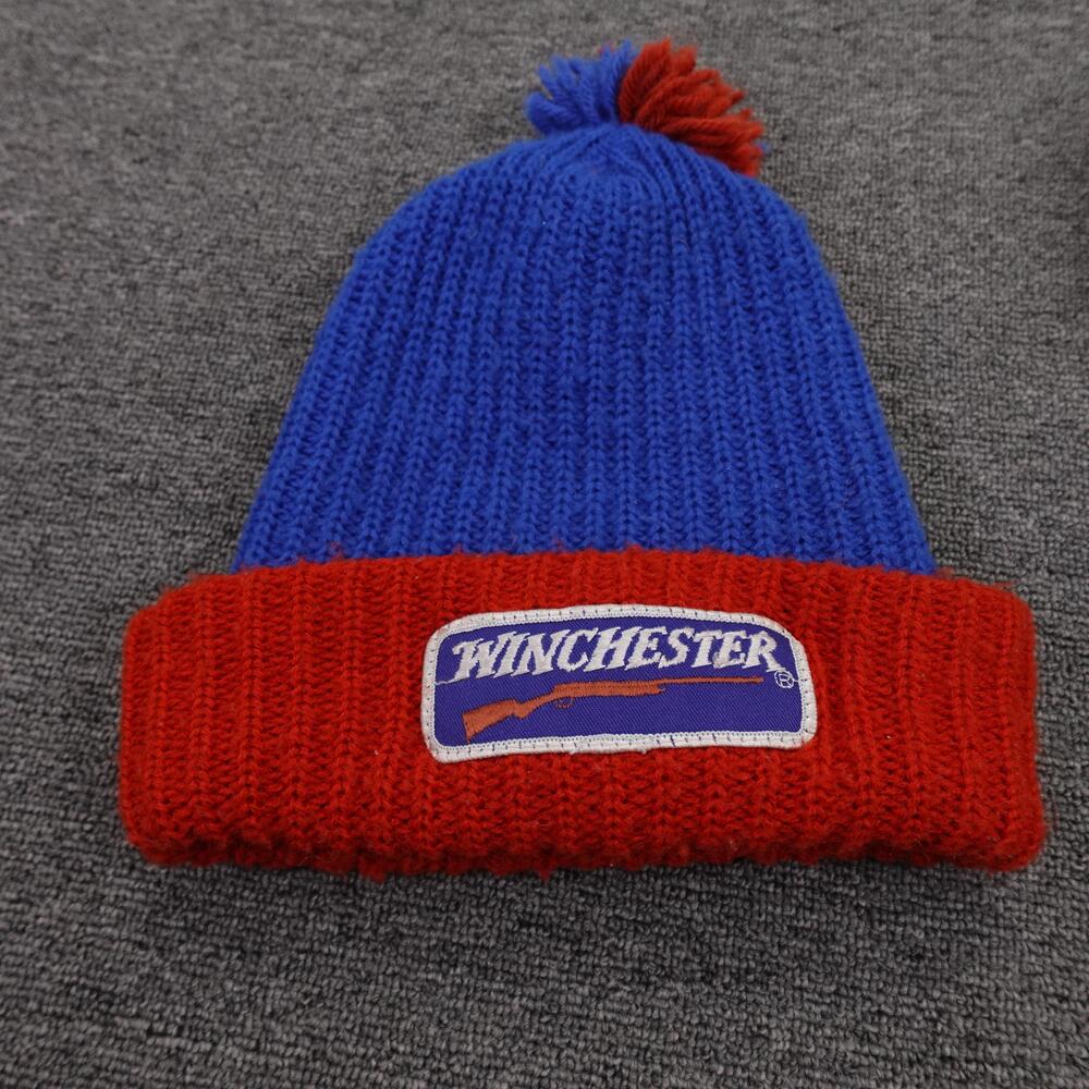 Vintage Winchester Hat Beanie Fitted Mens One Size Blue Red Knit Patch Logo